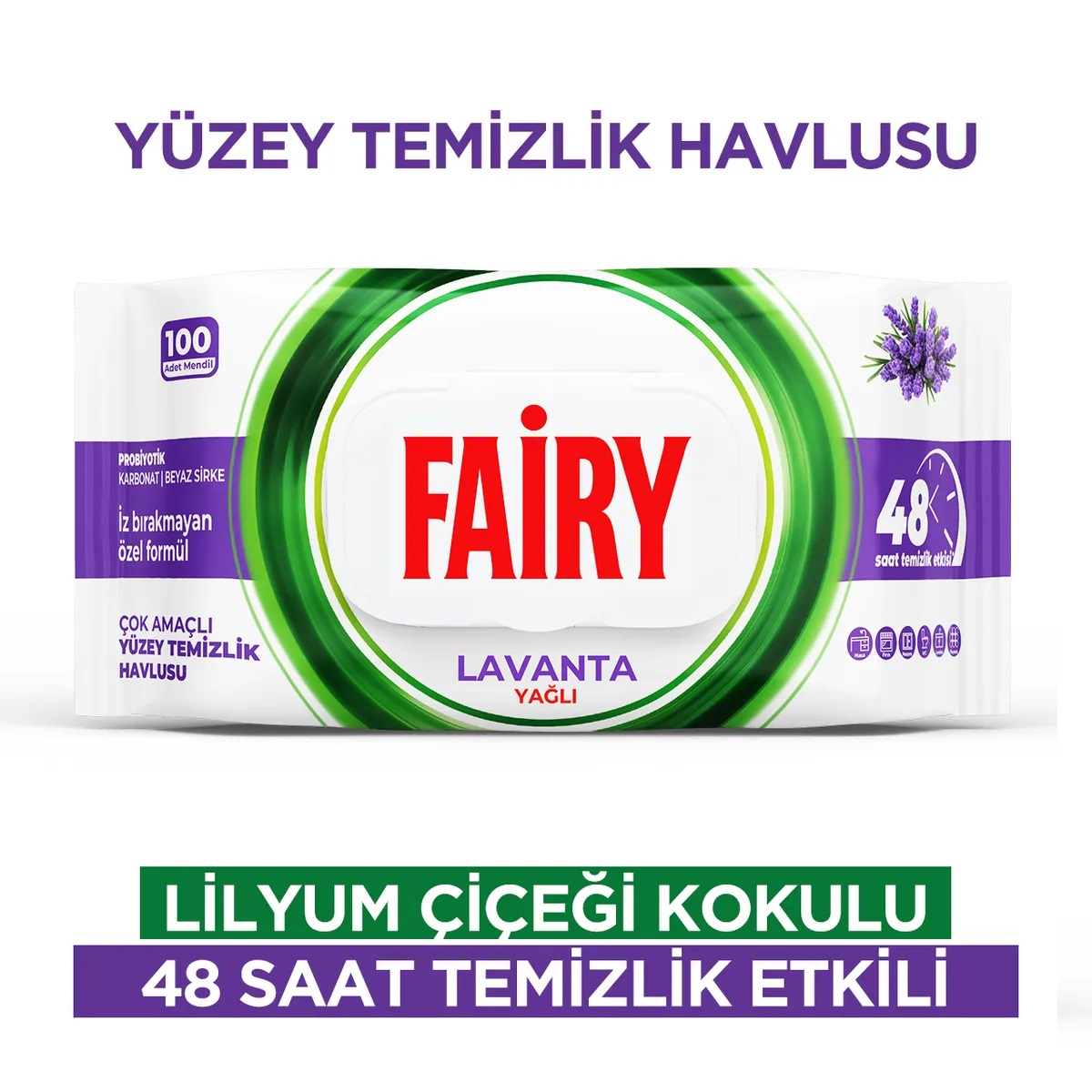 7 دستمال مرطوب چند منظوره سطوح فیری Fairy رایحه لوندر بسته 100 عددی - Image 1