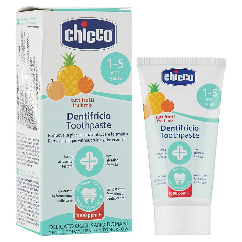 2 خمیر دندان کودک ایتالیایی چیکو Mixfruits Chicco با طعم آناناس و هلو و پرتقال 1 تا 5 سال 50 میل - Image 1